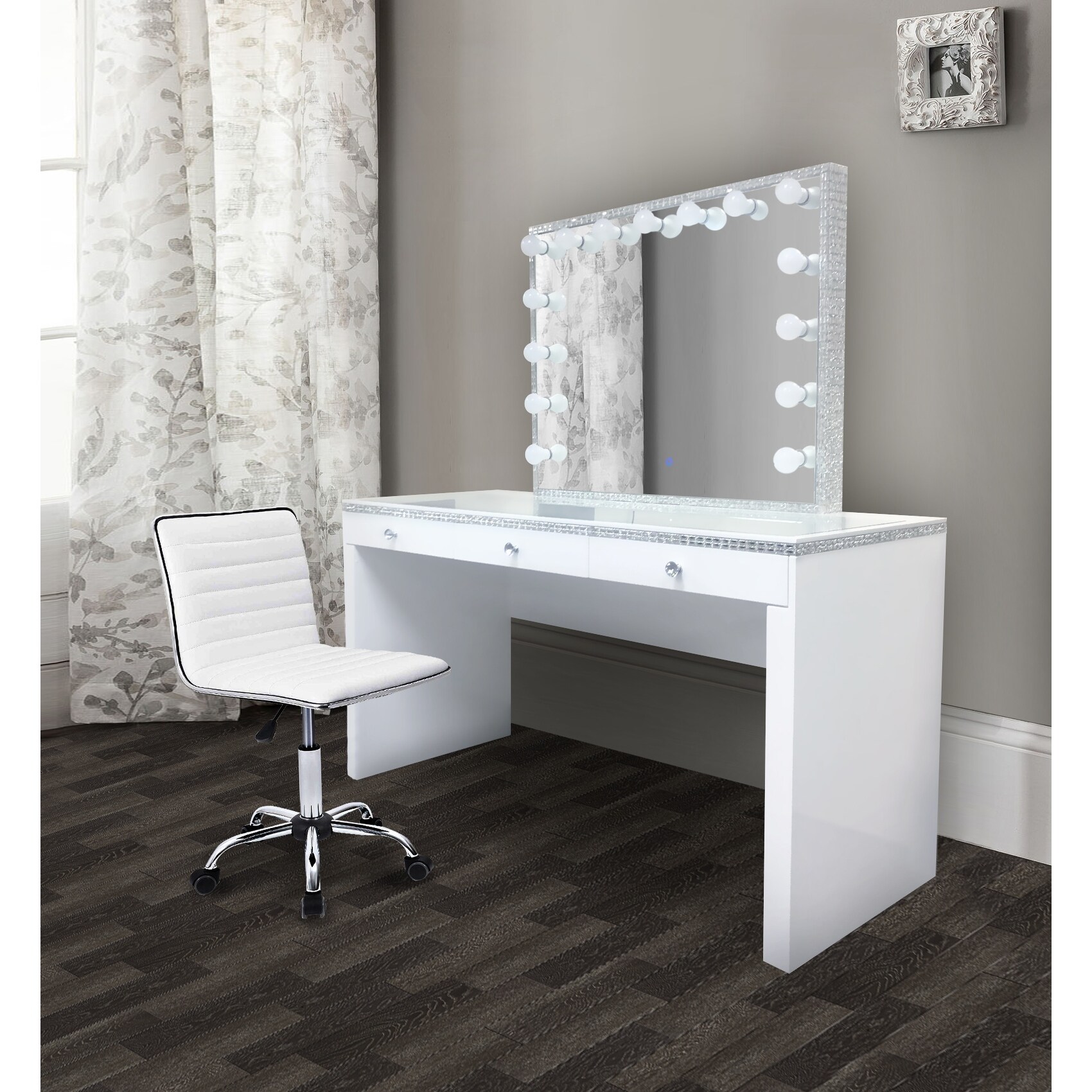 Dressing table with mirror lights and chair shop
